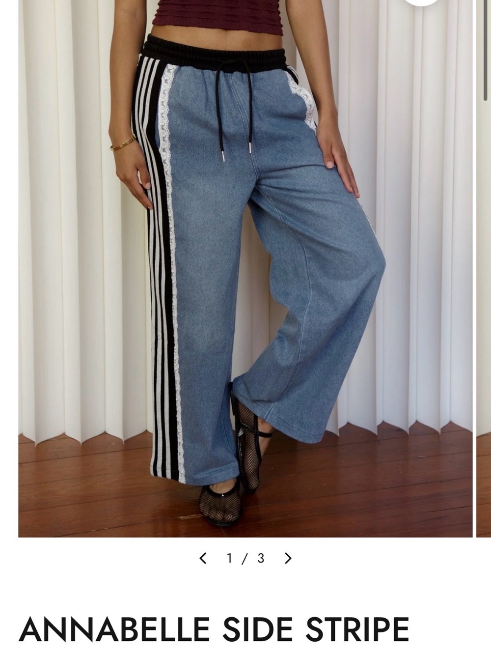 Wide-Leg Side Stripe Pants with Lace Trim - Blue